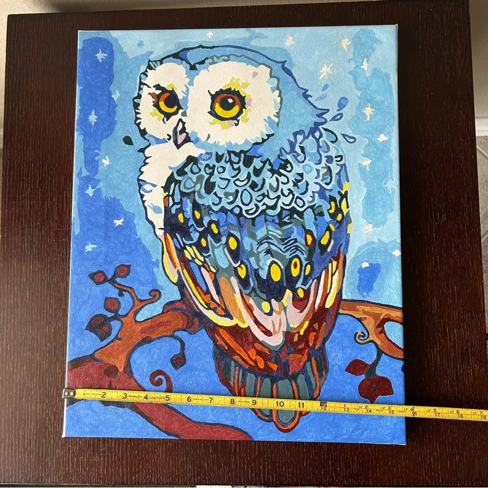 Canvas Oil Painting Blue Owl On Branch Paint by Numbers Stretched Wooden Frame - Picture 12 of 13